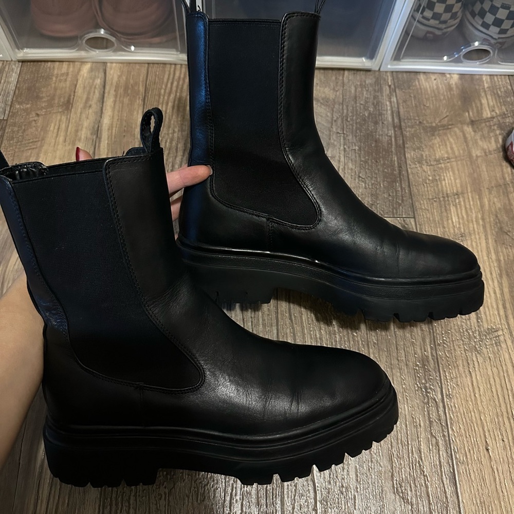 Zara, black chunky lug boot, size 38
